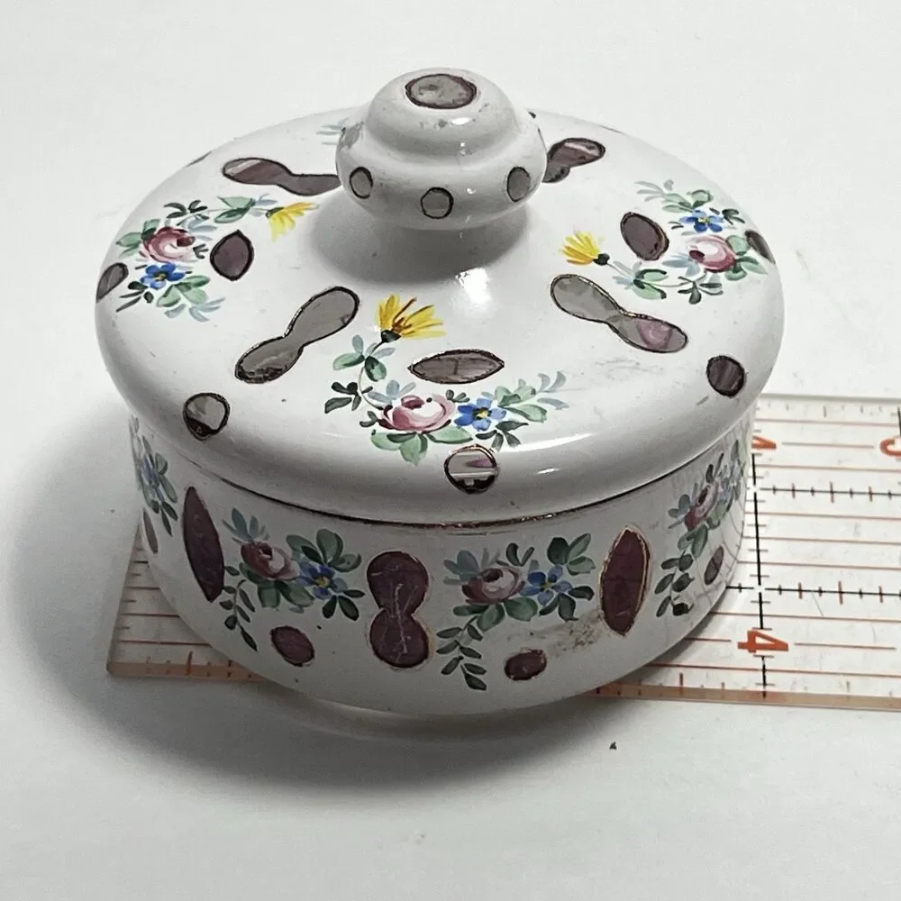 VTG Bohemian Czech Cased Milk Glass Hand Painted Trinket / Powder Jar Floral